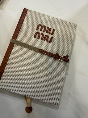 Miu Miu Cream Canvas Notebook Cover with Brown Leather Trim